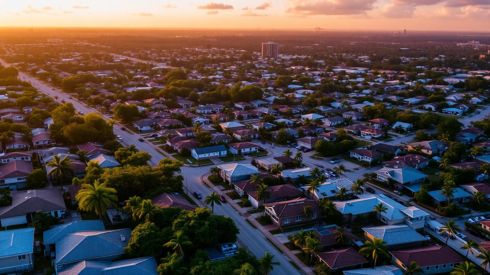 Aerial view of Hialeah and greater Miami neighbourhoods at sunset